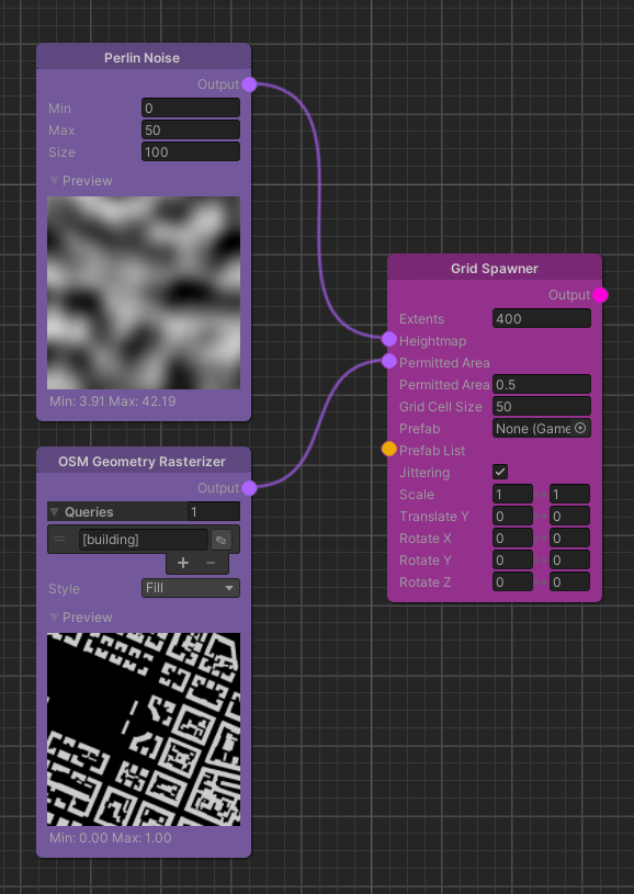 The Grid Spawner spawning with Perlin noise height and only inside of buildings