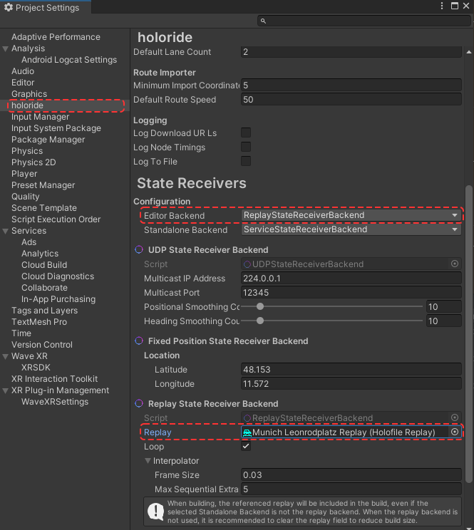 holoride Settings Page with focus on the StateReceiver section