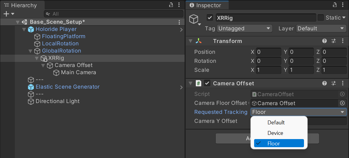 Move the XRRig to GlobalRotation and change the tracking origin to Floor.